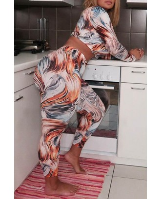 Lovely Casual Crop Top Printed Multicolor Plus Size Two-piece Pants Set
