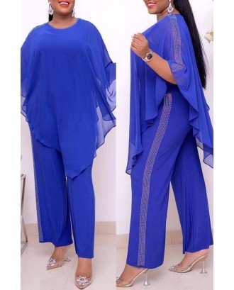 Lovely Casual Cloak Design Blue Plus Size Two-piece Pants Set