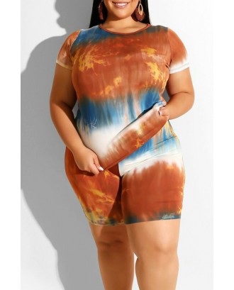 Lovely Casual O Neck Printed Orange Plus Size Two-piece Shorts Set