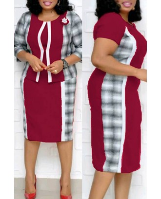 Lovely Casual Patchwork Purplish Red Plus Size Two-piece Skirt Set