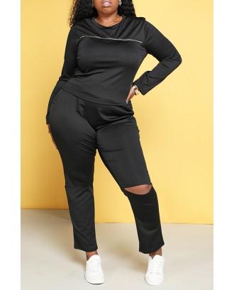 Lovely Trendy Hollow-out Black Plus Size Two-piece Pants Set