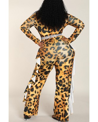 Lovely Chic Turtleneck Leopard Printed Plus Size One-piece Jumpsuit