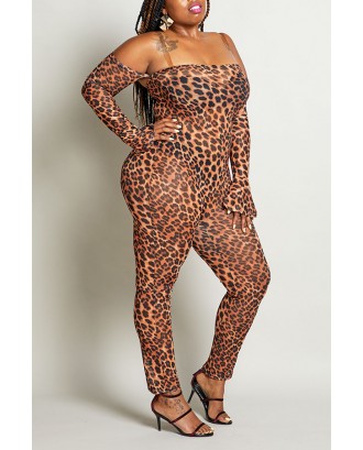 Lovely Beautiful See-through Leopard Printed Plus Size One-piece Jumpsuit