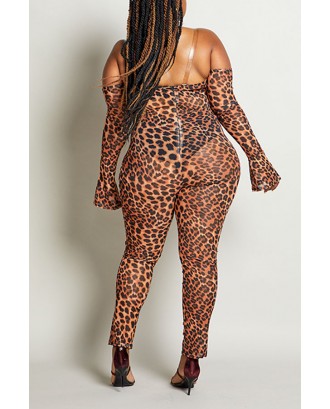 Lovely Beautiful See-through Leopard Printed Plus Size One-piece Jumpsuit