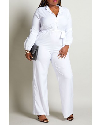Lovely Work Turndown Collar White Plus Size One-piece Jumpsuit