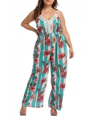 Lovely Casual V Neck Patchwork Printed Green One-Piece Jumpsuit