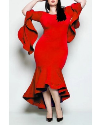 Lovely Casual Flounce Red Trumpet Mermaid Ankle Length Plus Size Dress