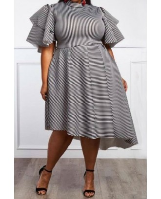 Lovely Casual Ruffle Striped Asymmetrical White Mid Calf Plus Size Dress