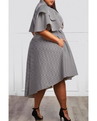 Lovely Casual Ruffle Striped Asymmetrical White Mid Calf Plus Size Dress