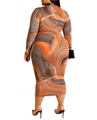 Lovely Casual Printed Orange Mid Calf Plus Size Dress