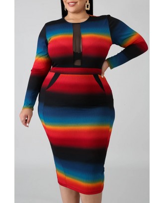 Lovely Casual Patchwork Multicolor Mid Calf Plus Size Dress
