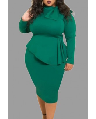 Lovely Trendy Flounce Design Deep Green Knee Length Plus Size Dress