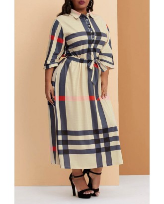 Lovely Casual Plaid Printed Beige Ankle Length Plus Size Dress