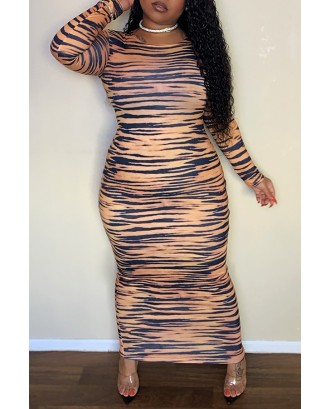 Lovely Casual Tiger Stripes Ankle Length Plus Size Dress