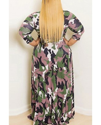 Lovely Casual O Neck Camouflage Printed Army Green Floor Length Plus Size Dress
