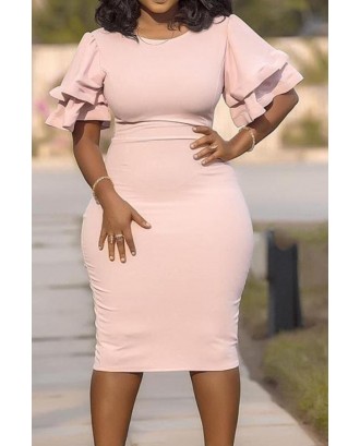 Lovely Casual O Neck Ruffle Pink Knee Length Plus Size Dress