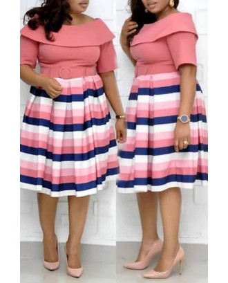 Lovely Casual Striped Pink Knee Length Plus Size Dress