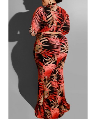 Lovely Trendy Printed Wine Red Floor Length Plus Size Dress