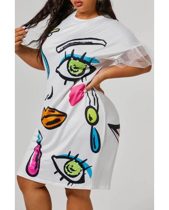 Lovely Casual Printed White Knee Length Plus Size Dress