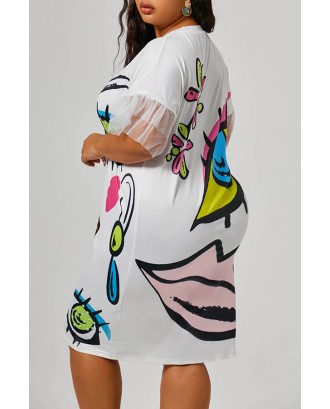 Lovely Casual Printed White Knee Length Plus Size Dress