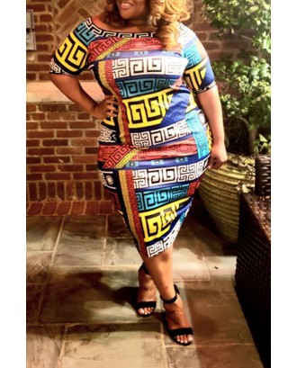 Lovely Casual Off The Shoulder Geometric Printed Multicolor Knee Length Plus Size Dress