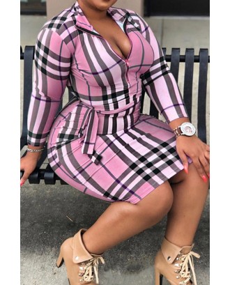 Lovely Casual Plaid Printed Pink Plus Size Mini Dress