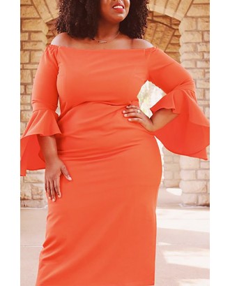 Lovely Casual Flounce Design Orange Red Mid Calf Plus Size Dress