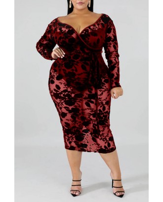 Lovely Beautiful V Neck Hollow-out Wine Red Mid Calf Plus Size Dress