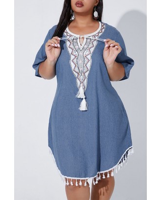 Lovely Casual Tassel Design Blue Plus Size Mini Dress