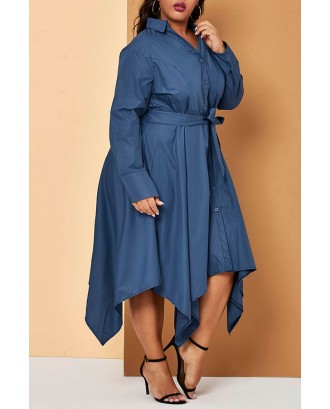 Lovely Casual Turndown Collar Blue Ankle Length Plus Size Dress