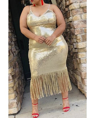 Lovely Party Tassel Design Apricot Mid Calf Plus Size Dress