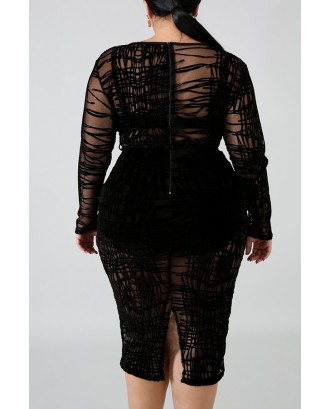 Lovely Casual V Neck See-through Black Knee Length Plus Size Dress